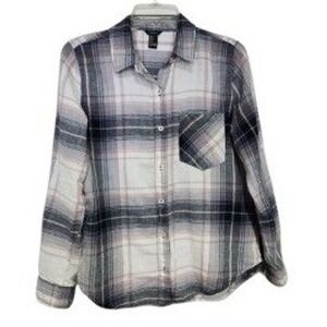 Forever 21 Womens Plaid Flannel Shirt Grey White Mauve Button Up Long Sleeve M
